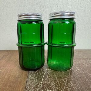 Vintage Green Clear Glass Metal Lid Salt‎ and Pepper Shakers